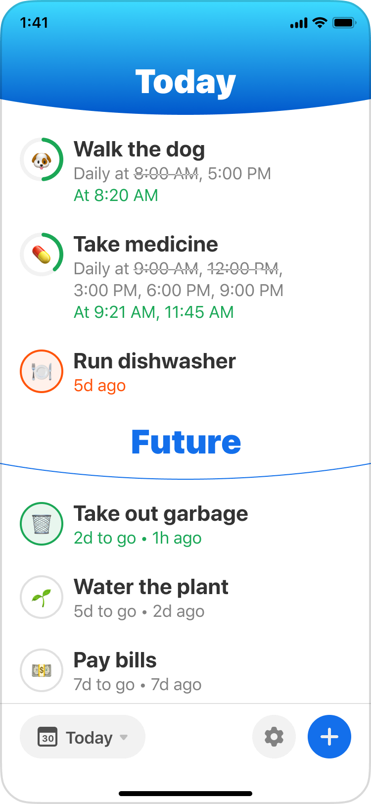 Mock of home screen with tasks under “today” and “future” headings