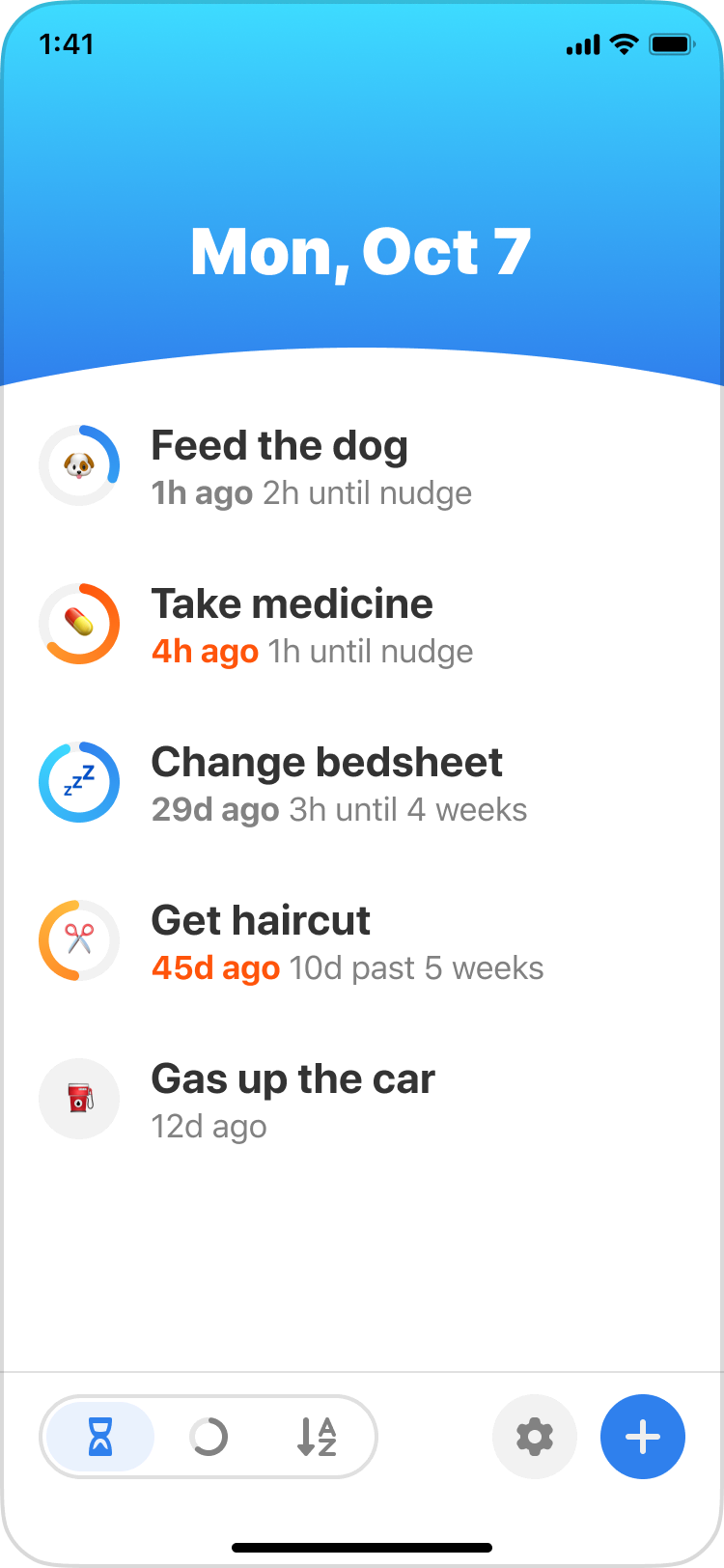 Mock of the home screen with “Mon, Oct 7” in a header section, and a list of tasks in the body with an activity ring for each of them