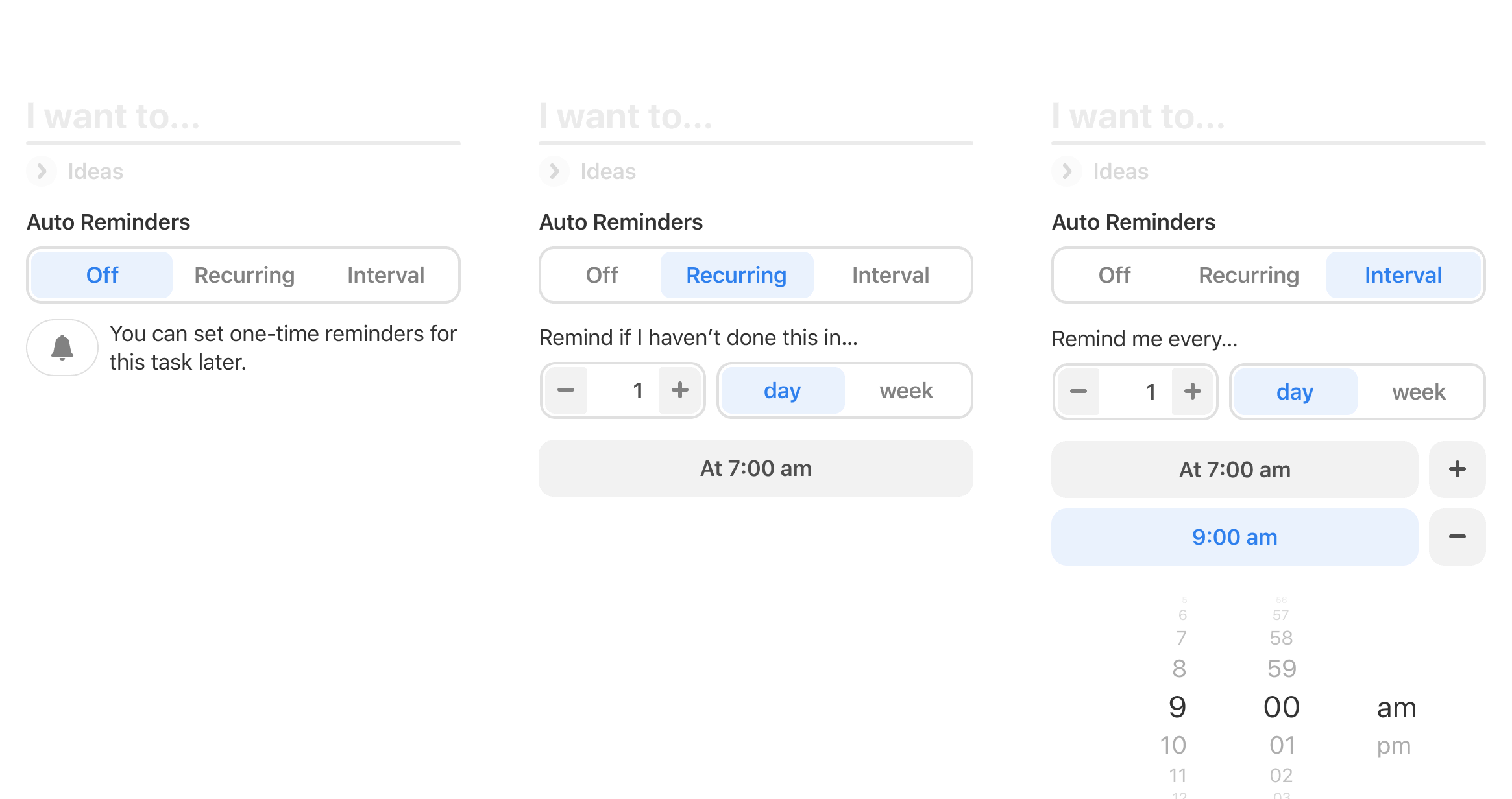 3 states of the auto reminders settings with the captions: off, recurring, and interval