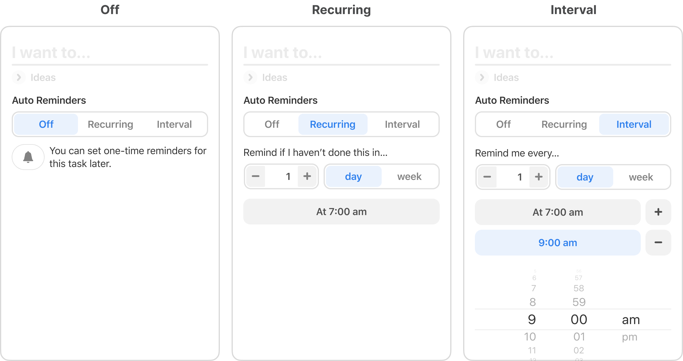 3 states of the auto reminders settings with the captions: off, recurring, and interval