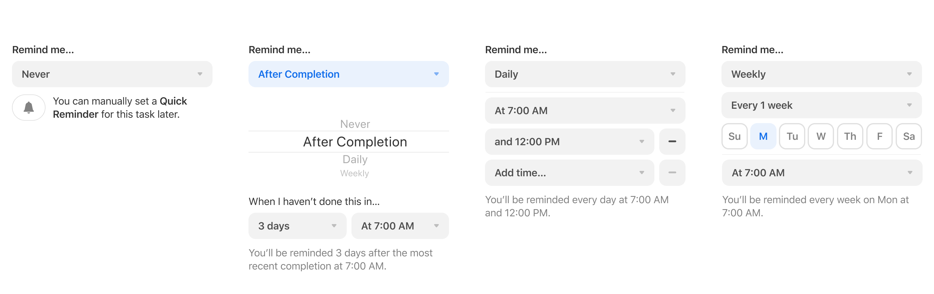 4 states of the auto reminders settings shown under the captions: never, periodically, daily, and weekly