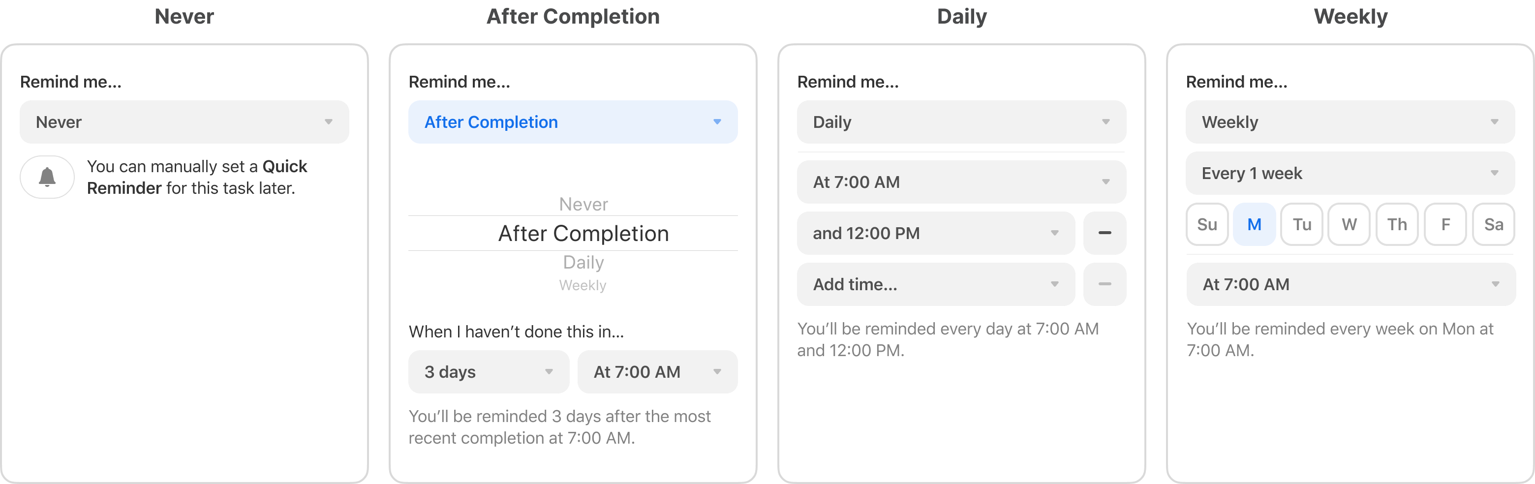 4 states of the auto reminders settings shown under the captions: never, periodically, daily, and weekly