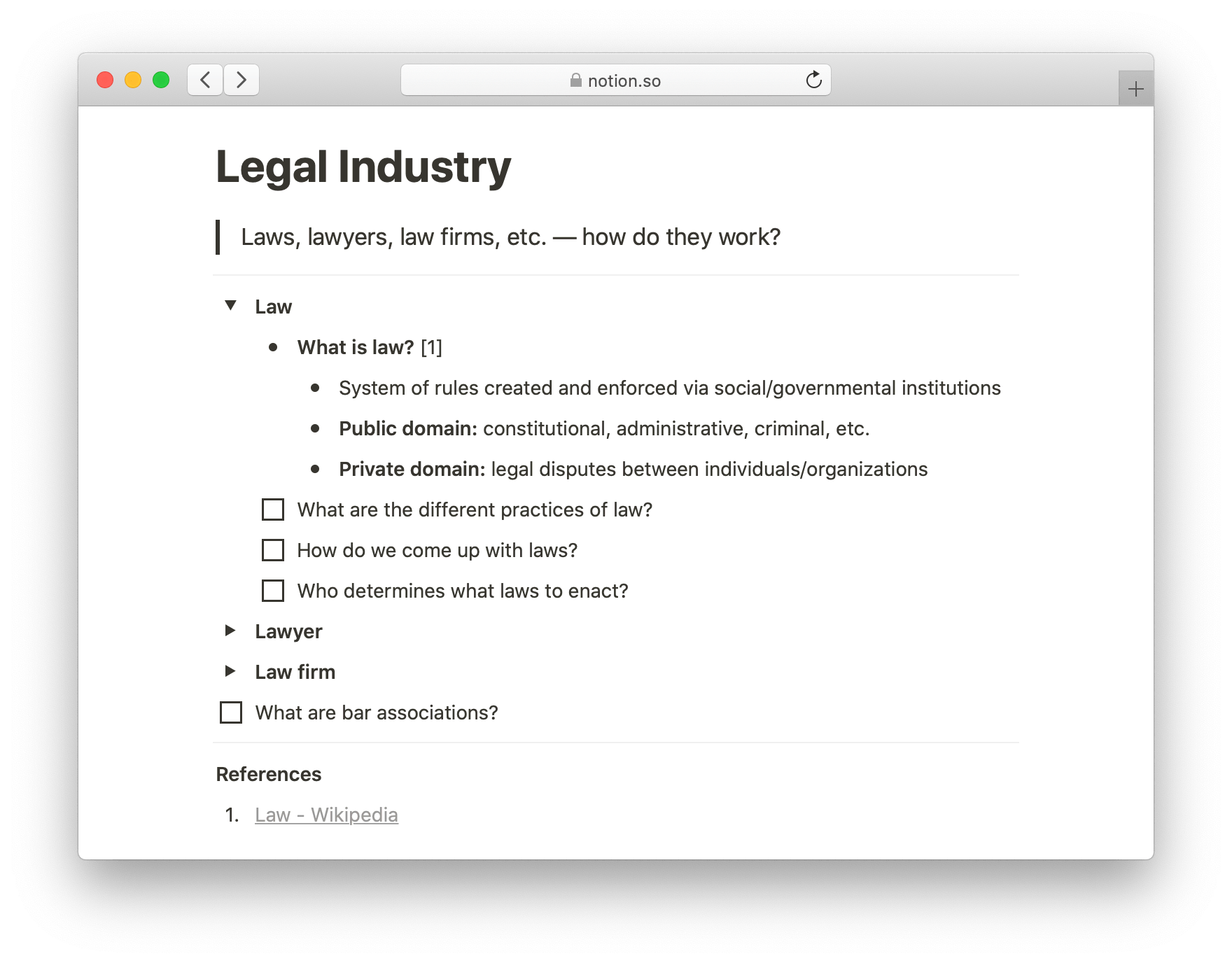 Screenshot of a Notion page called Legal Industry with notes in point form