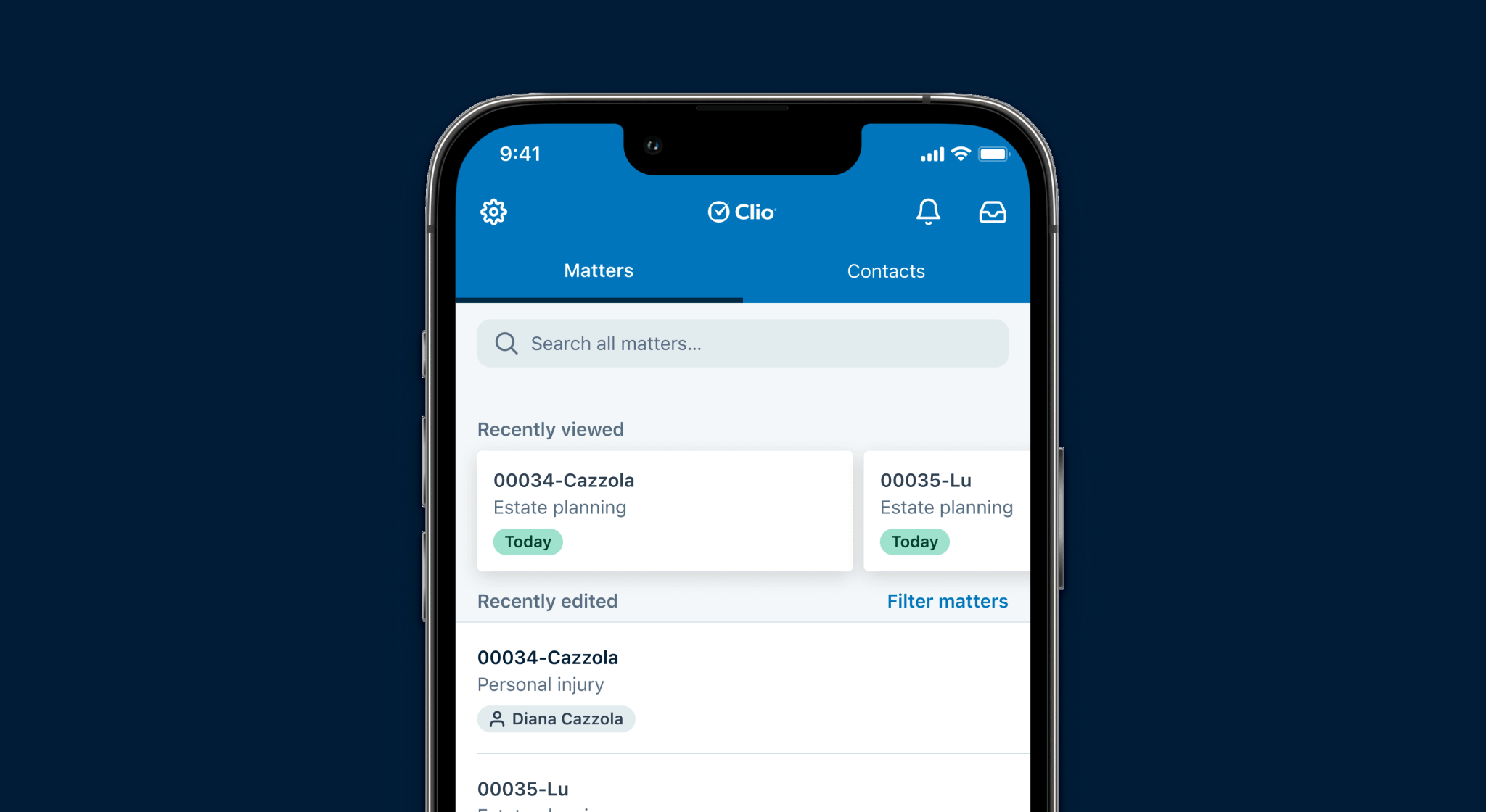 A screenshot of the Clio Mobile home screen on an iPhone