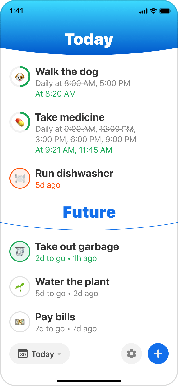 Mock of home screen with tasks under “today” and “future” headings