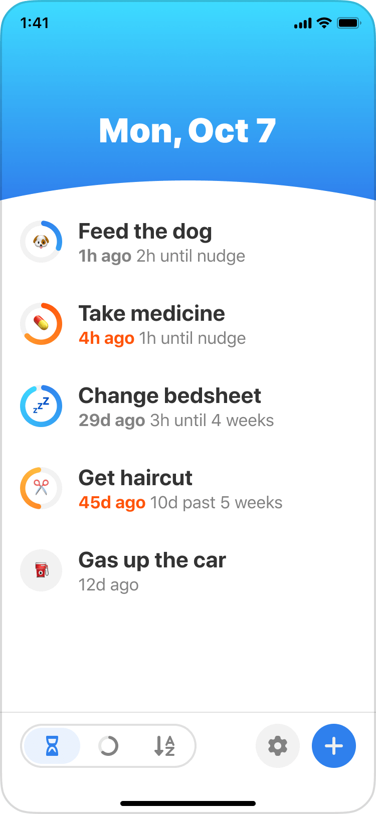 Mock of the home screen with “Mon, Oct 7” in a header section, and a list of tasks in the body with an activity ring for each of them