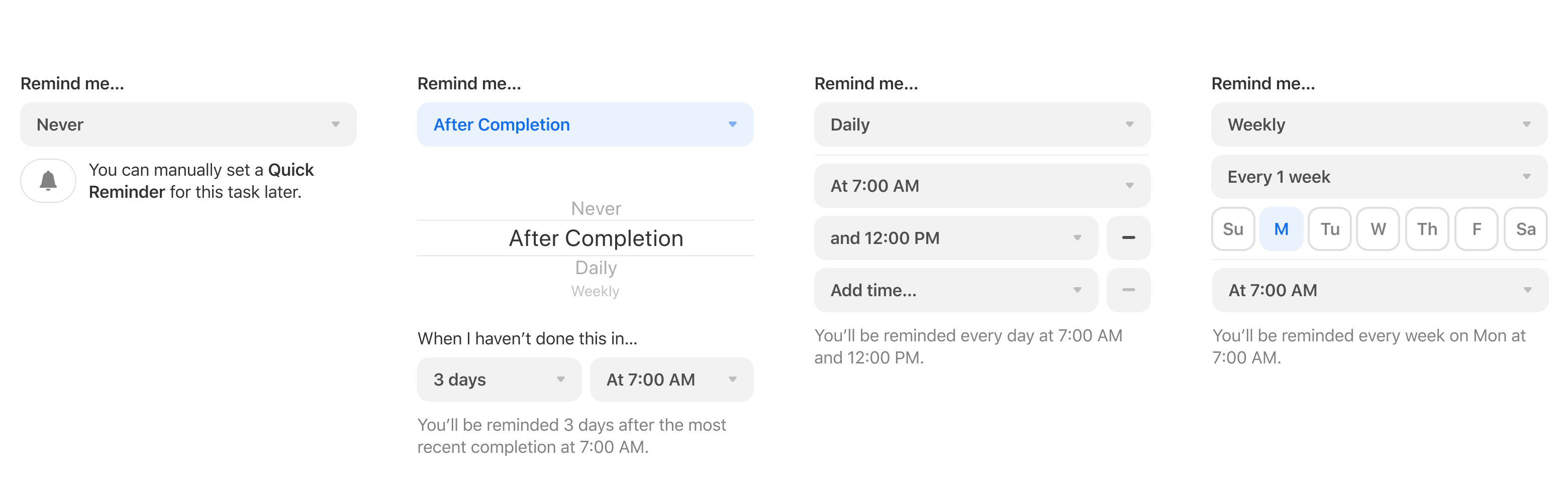 4 states of the auto reminders settings shown under the captions: never, periodically, daily, and weekly