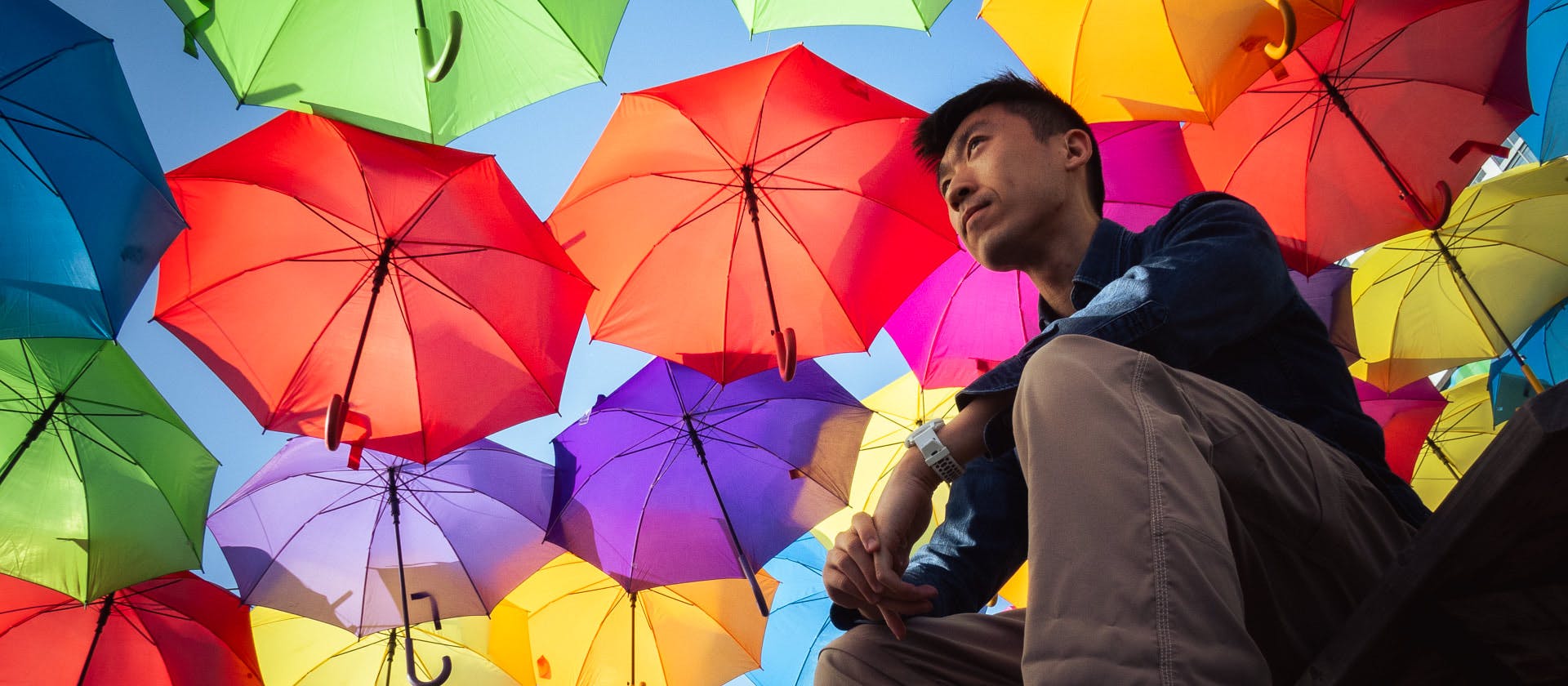 Charlie Chao looking up while sitting under colorful umbrellas