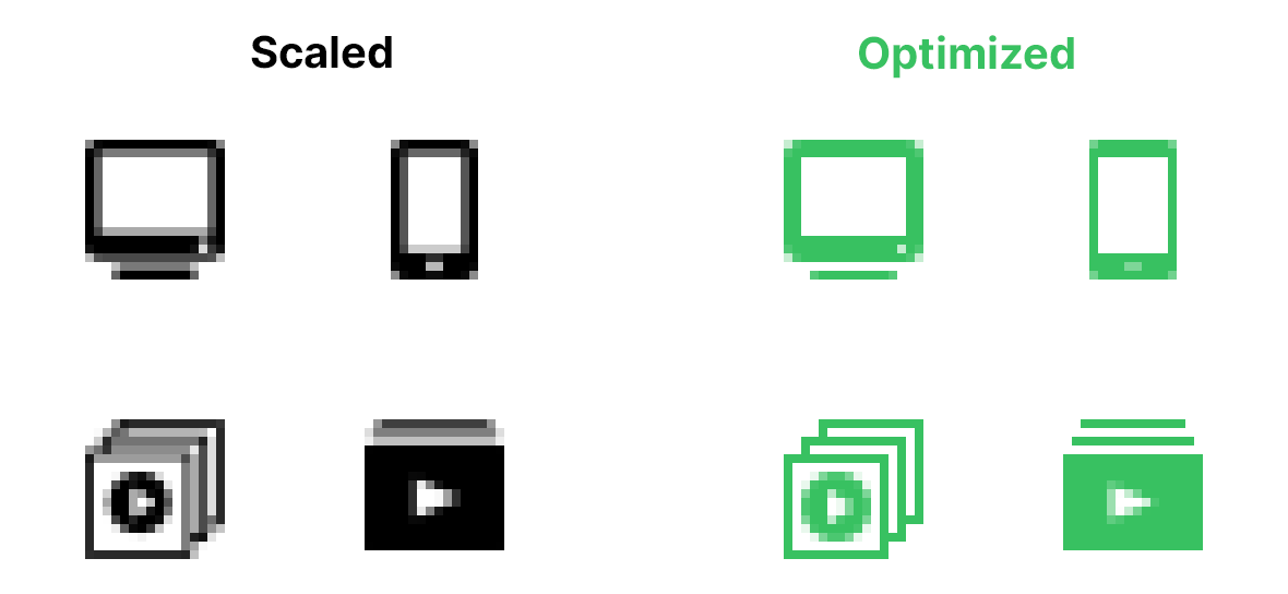 Scaled icons in a 4x4 grid next to optimized icons in a 4x4 grid