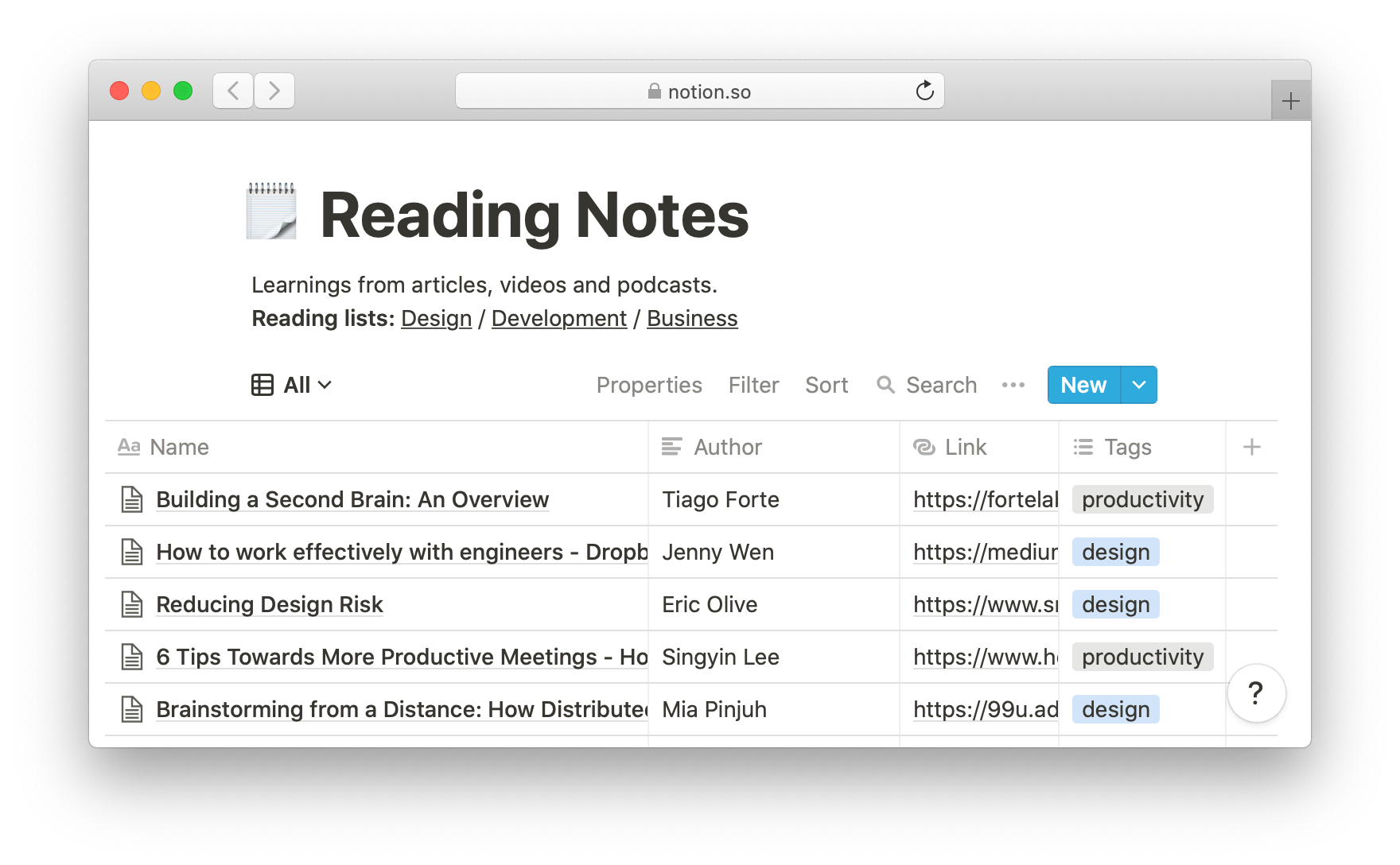 Screenshot of Reading Notes database with a few items