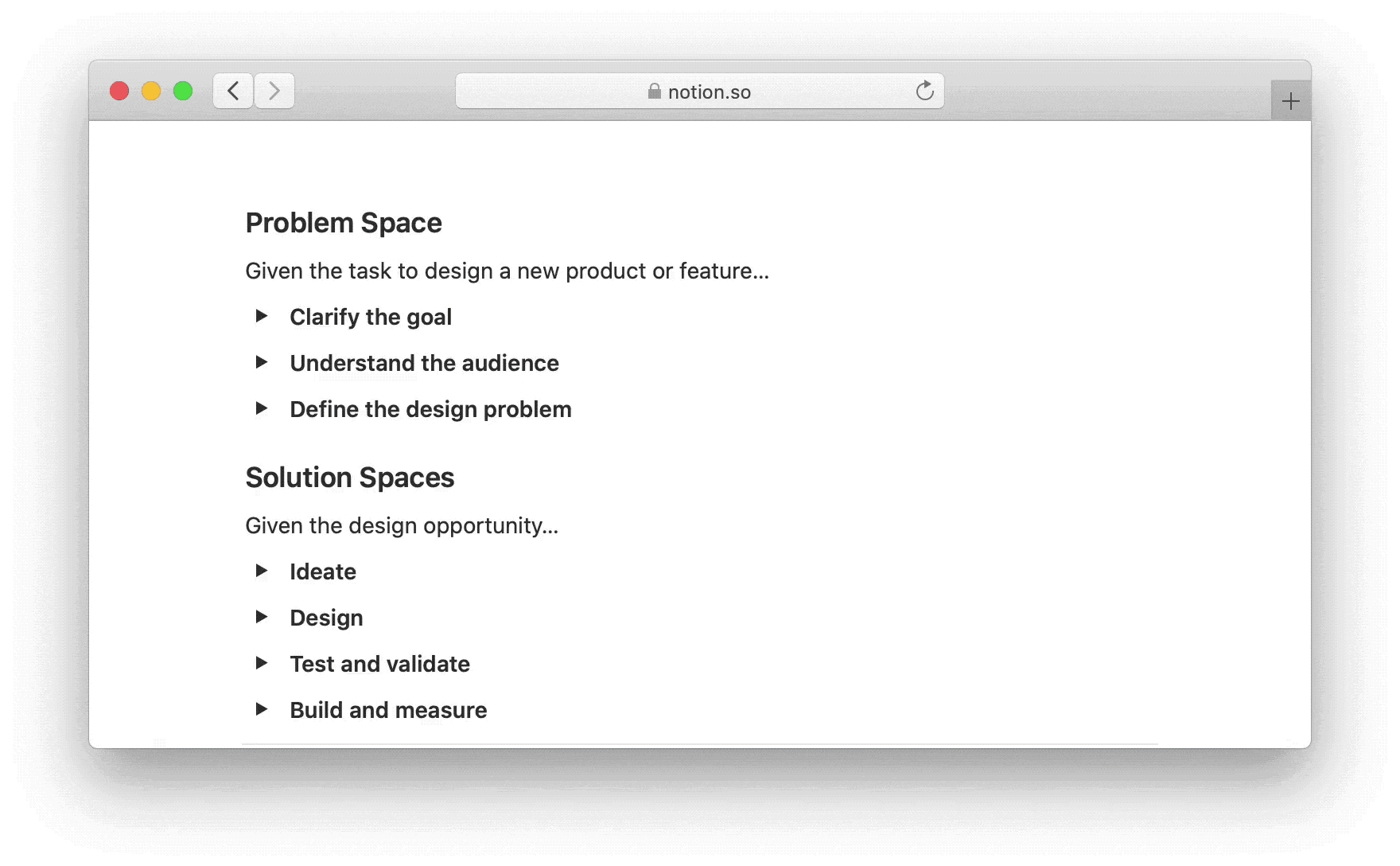 Animated GIF of list navigation using keyboard shortcuts inside the design process Notion page