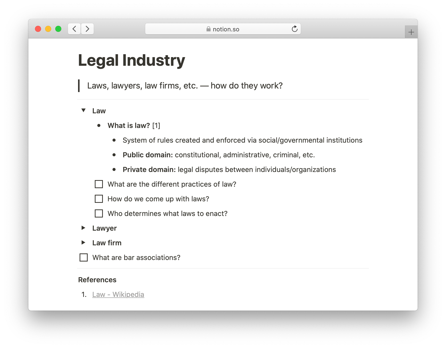 Screenshot of a Notion page called Legal Industry with notes in point form